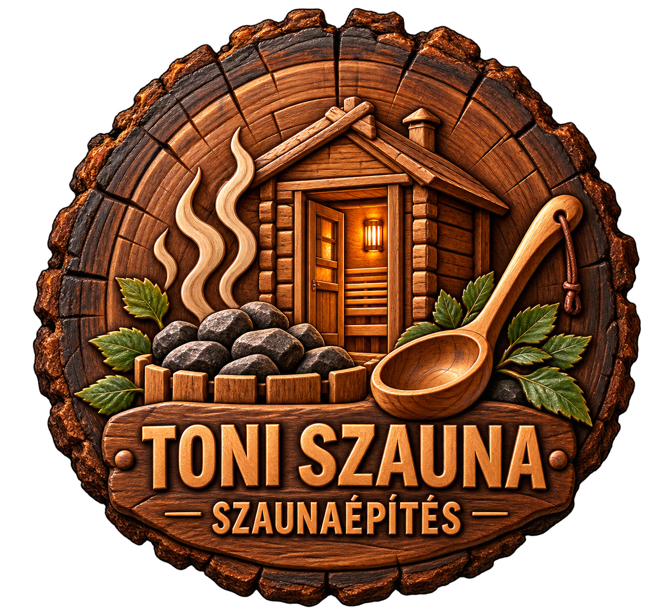 Toni Szauna – szaunaházas faragott logó